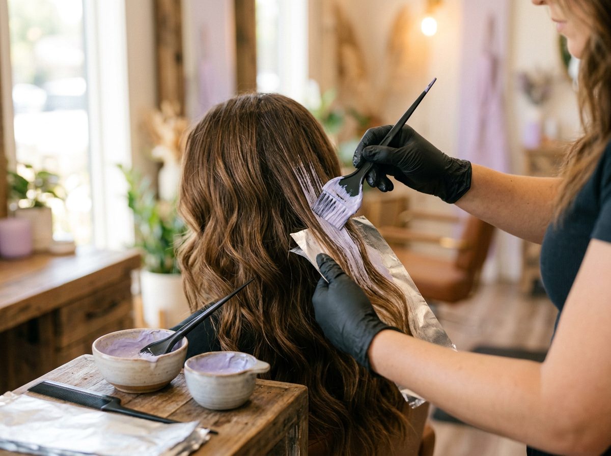 Colorist hand-painting balayage highlights at The Hair Witch Project