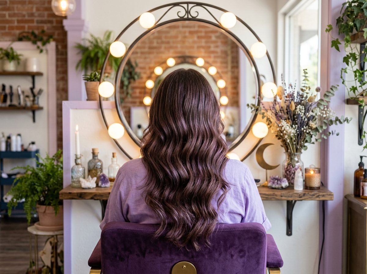 Finished soft waves with violet dimension at The Hair Witch Project